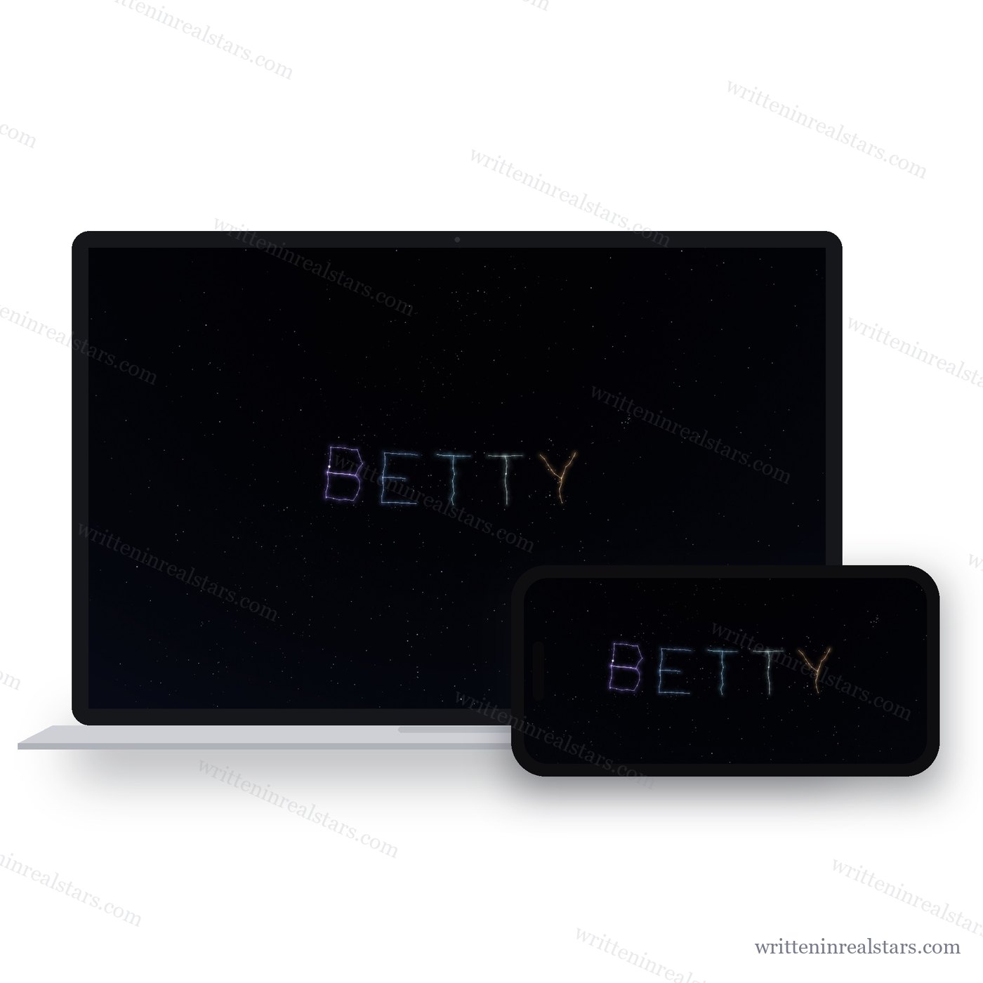 A gift link open on a laptop and on a phone, showing the name Betty lit across the night sky.